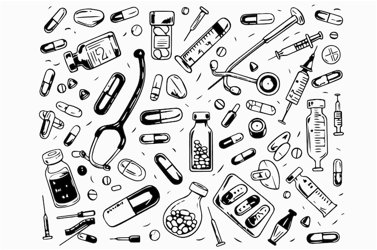 Vecteur gratuit un dessin en noir et blanc d'une collection de médicaments et de médicaments