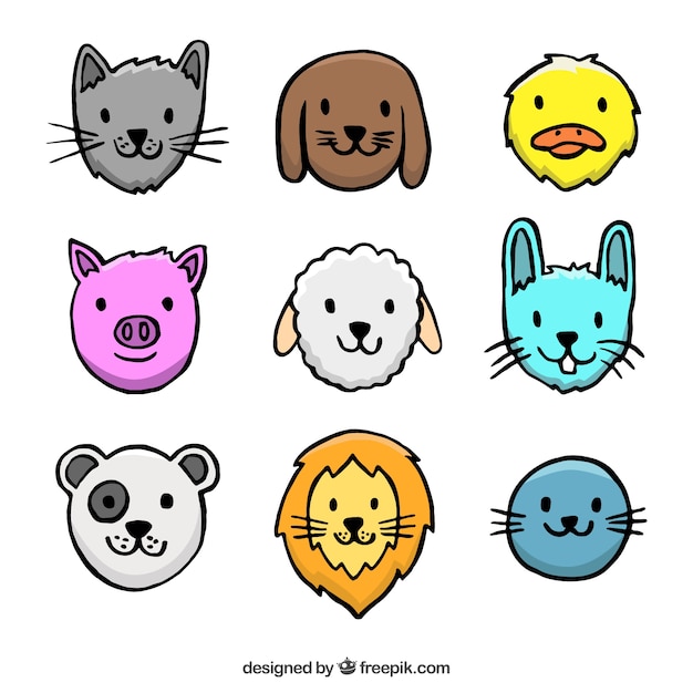 Vecteur gratuit dessiné animaux souriants collection avatar à la main