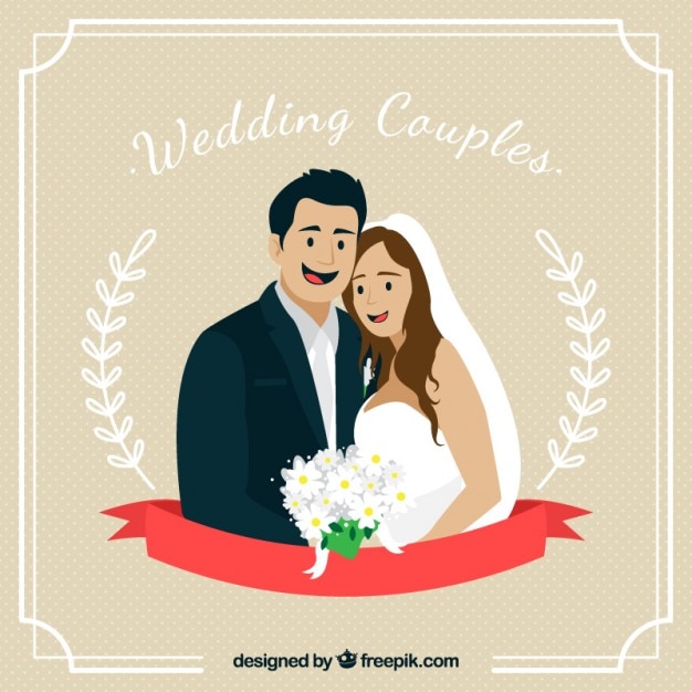 Vecteur gratuit dessiné à la main beau couple de mariage dans la carte d'amour