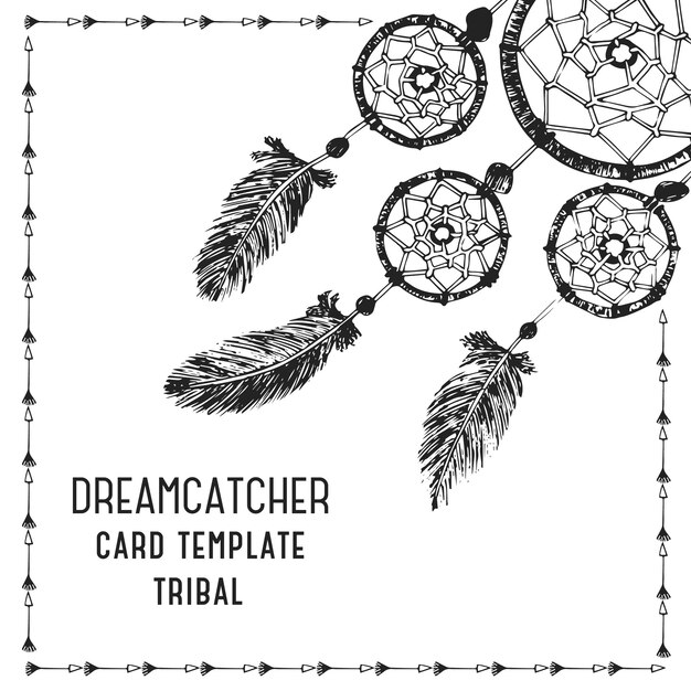 Dessiné à la main avec dreamcatcher d&#39;encre avec des plumes. Illustration ethnique, symbole traditionnel tribal, Indiens d&#39;Amérique. Modèle de carte.