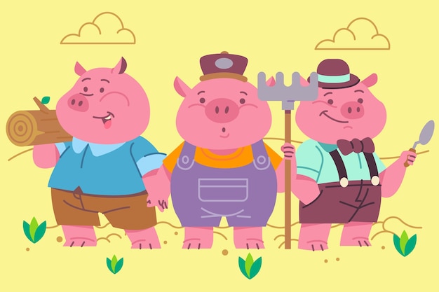 Vecteur gratuit dessiné à la main l'illustration des trois petits cochons