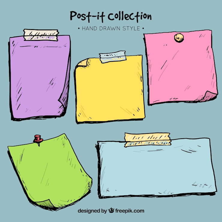 Vecteur gratuit dessinés à la main des notes autocollantes colorées fixées