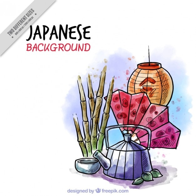 Vecteur gratuit dessinés à la main des objets japonais en effet fond d'aquarelle