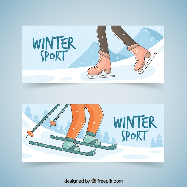 Vecteur gratuit dessinés à la main patinage et ski bannières