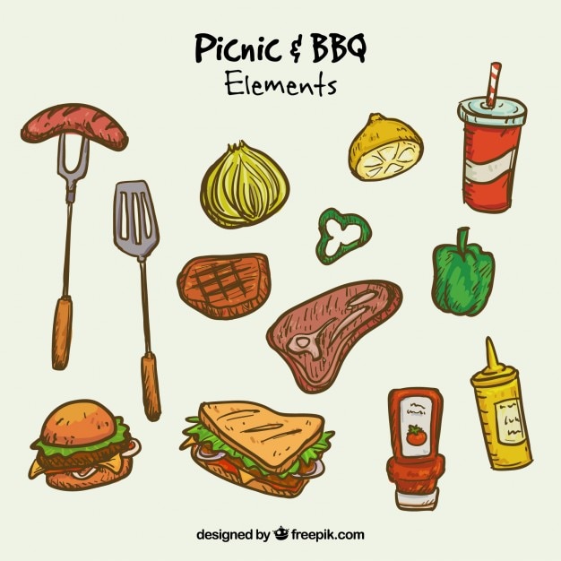 Vecteur gratuit dessinés à la main pique-nique et barbecue alimentaires