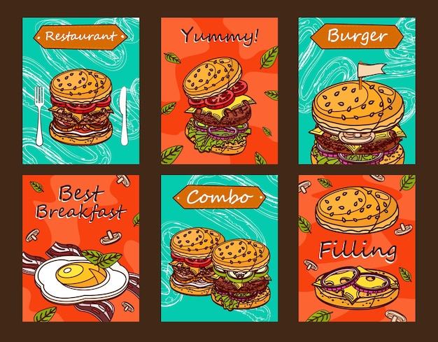 Vecteur gratuit dessins de dépliants lumineux pour les restaurants de restauration rapide. cartes postales créatives avec de savoureux hamburgers ou petit-déjeuner.