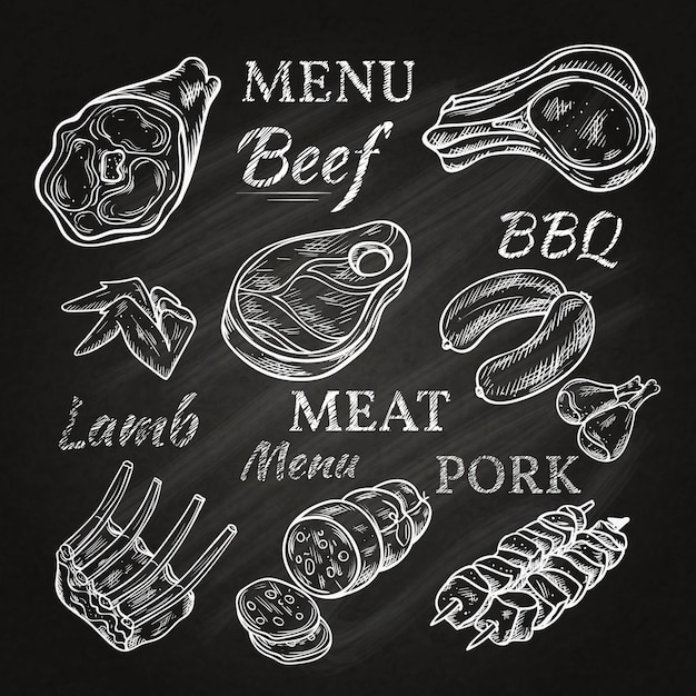 Vecteur gratuit dessins de menu viande rétro sur tableau noir avec côtelettes d'agneau saucisses saucisses saucisses au jambon de porc brochettes produits gastronomiques isolé illustration vectorielle