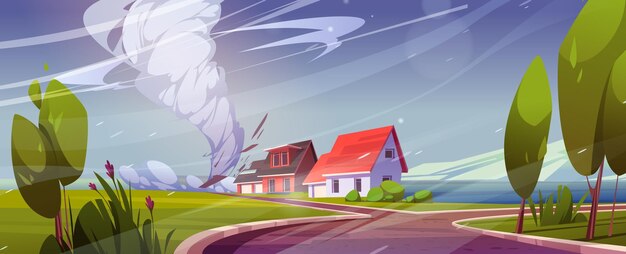 Destruction de maisons avec catastrophe de tornade. Catastrophe naturelle avec ouragan, tempête électrique tordue, tourbillon, dommages aux bâtiments. Zone de cyclone, paysage avec maisons brisées, illustration vectorielle de dessin animé