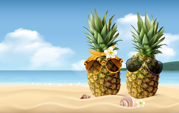 Deux ananas avec des lunettes de soleil sur une composition estivale réaliste de plage de sable