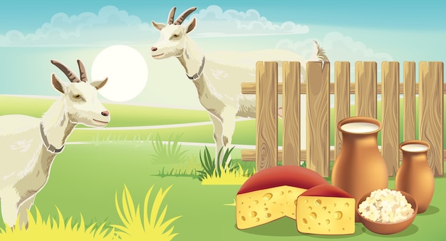 Deux chèvres et prairie près d'une clôture avec du fromage, du fromage cottage et du lait sur l'herbe. Réaliste.