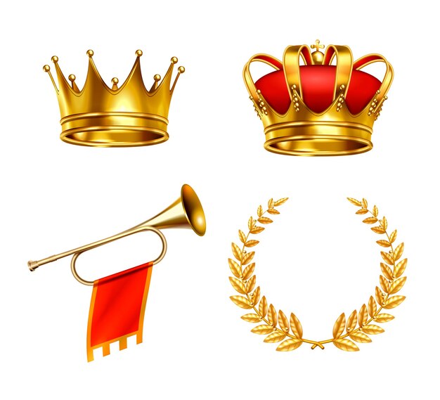 Deux couronnes d'or roi corne et couronne de laurier ensemble réaliste isolé sur illustration vectorielle fond blanc