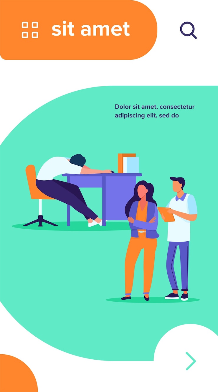 Vecteur gratuit deux employés de bureau à la recherche de collègues endormis. employé épuisé dormant à l'illustration vectorielle plane du lieu de travail