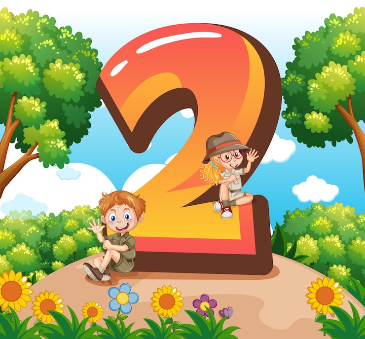 Vecteur gratuit deux enfants avec le dessin animé numéro deux
