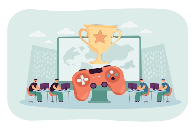 Vecteur gratuit deux équipes sur les côtés jouant à des jeux informatiques virtuels avec un grand écran, une console et une tasse entre elles. illustration vectorielle plane du championnat d'esports. divertissement, compétition en ligne, concept de travail d'équipe