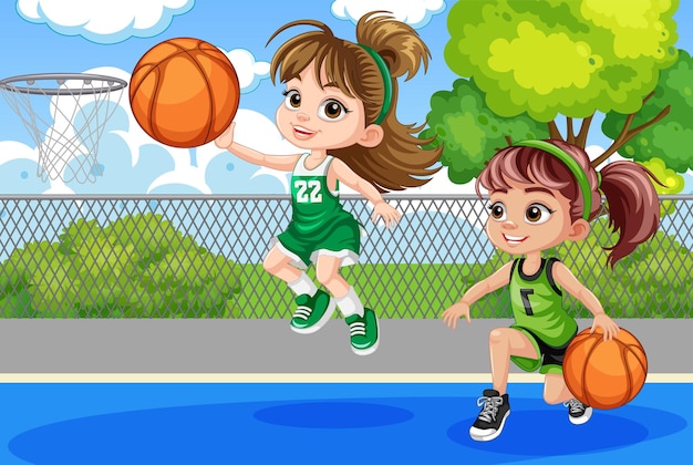 Vecteur gratuit deux filles jouant au basket