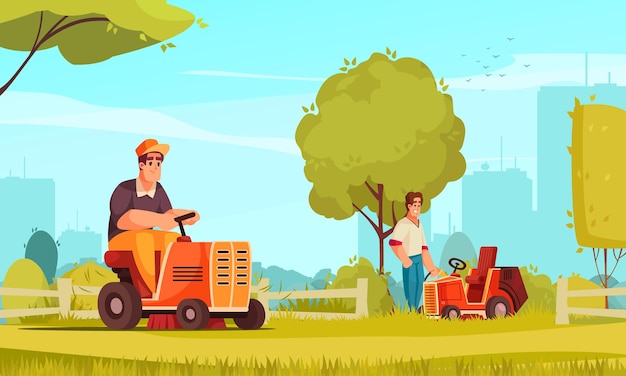 Vecteur gratuit deux hommes heureux travaillant sur des voitures de tondeuse à gazon tondant l'herbe verte dans le parc avec la silhouette de la ville sur l'illustration de dessin animé de fond
