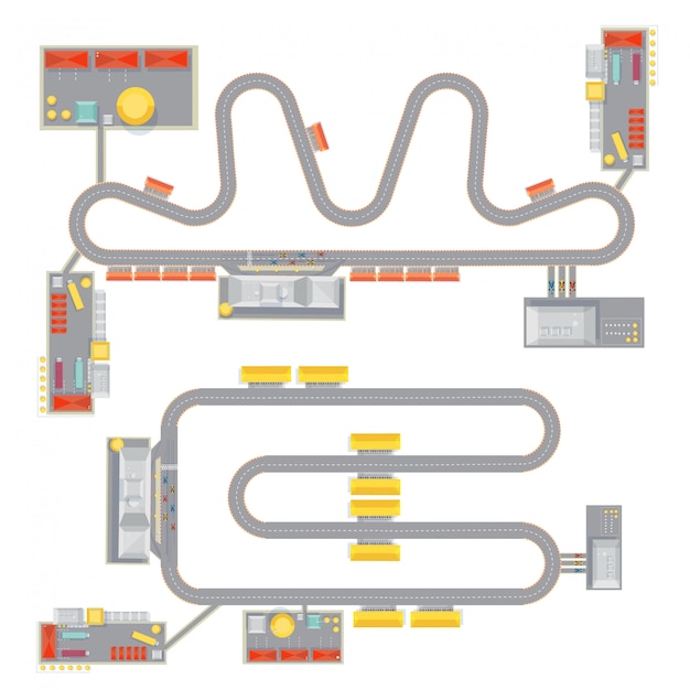 Vecteur gratuit deux images de motif de piste de course complète isolé avec vue de dessus des bâtiments de garage de cours et tribune