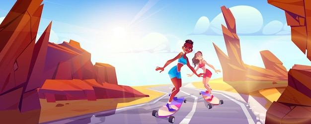 Vecteur gratuit deux jeunes femmes faisant du skateboard sur la route