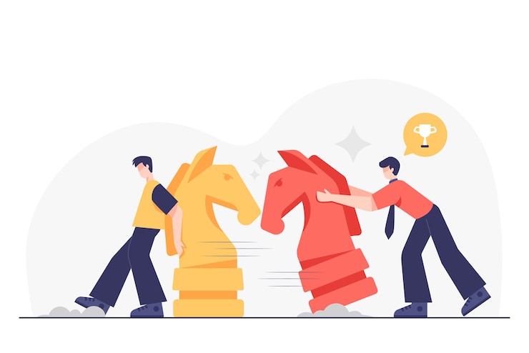 Vecteur gratuit deux jeunes hommes utilisent une stratégie pour concourir pour des objectifs commerciaux, personnage de dessin animé pour graphiste, illustration vectorielle
