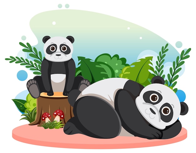 Deux pandas mignons en style cartoon plat