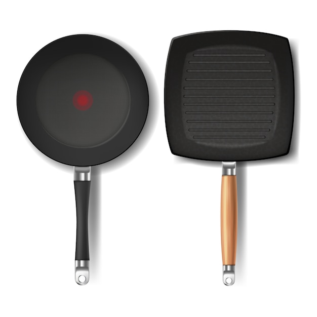 Vecteur gratuit deux poêles à frire noires réalistes, forme ronde et carrée, avec indicateur thermo-spot rouge