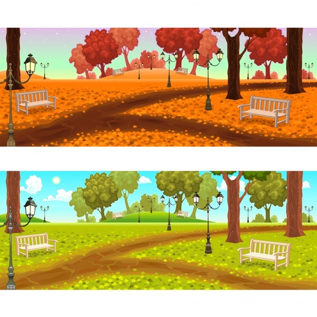 Deux Points De Vue Sur Parc Avec Des Bancs Et De La Rue Lampes Cartoon Illustrations Vectorielles