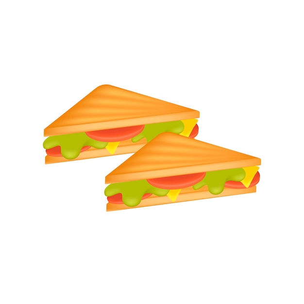 Deux Sandwichs Aux Légumes Illustration 3d. Dessin Animé D'une Collation Savoureuse Avec Du Pain, Des Tomates, Du Fromage Et De La Laitue Pour Le Petit-déjeuner Ou Le Déjeuner En Style 3d Sur Fond Blanc. Notion De Restauration Rapide