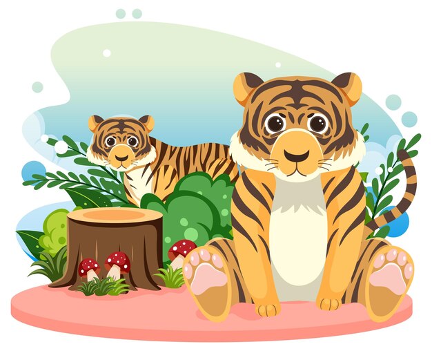 Deux Tigres Mignons En Style Cartoon Plat