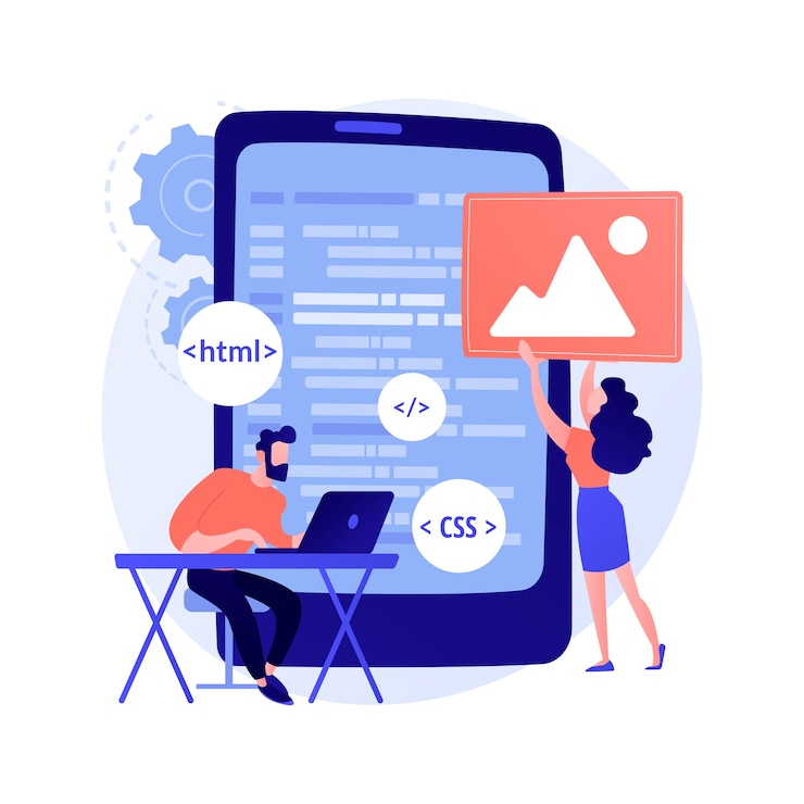 Vecteur gratuit développement d'applications mobiles. langages de programmation. css, html, informatique, interface utilisateur. personnage de dessin animé de programmeur masculin développant un site web, codage.