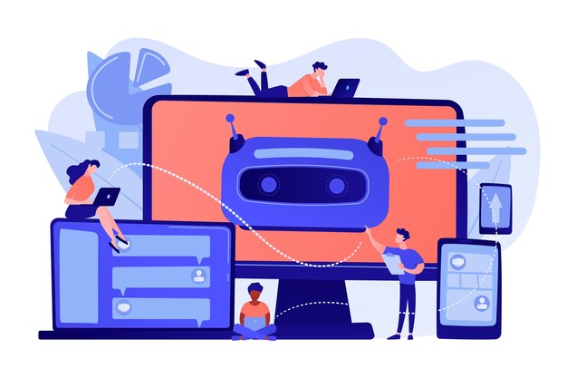 Les développeurs construisent, testent et déploient des chatbots sur des plateformes. Plateforme de chatbot, développement d'assistant virtuel, concept de chatbot multiplateforme