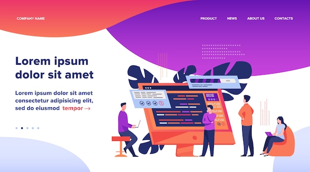 Développeurs De Logiciels Codant Sur Ordinateur Avec Script. Codage, Ingénierie, Illustration Vectorielle Plane De Conception D'interface. Conception De Site Web De Concept De Programmation Ou Page Web De Destination