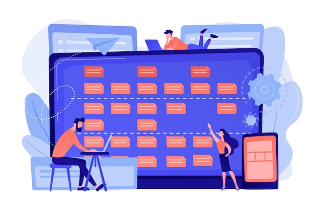 Vecteur gratuit développeurs de personnes minuscules aux exigences des ordinateurs portables et des clients. description des exigences logicielles, outil agile de cas utilisateur, concept d'analyse commerciale