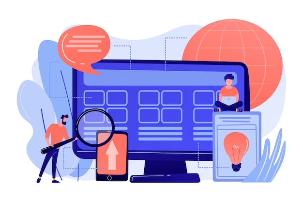 Développeurs De Personnes Minuscules à L'ordinateur Travaillant Sur Le Système De Base. Développement Du Système Central, Le Tout Dans Une Solution Logicielle, Illustration Du Concept De Modernisation Du Système Central