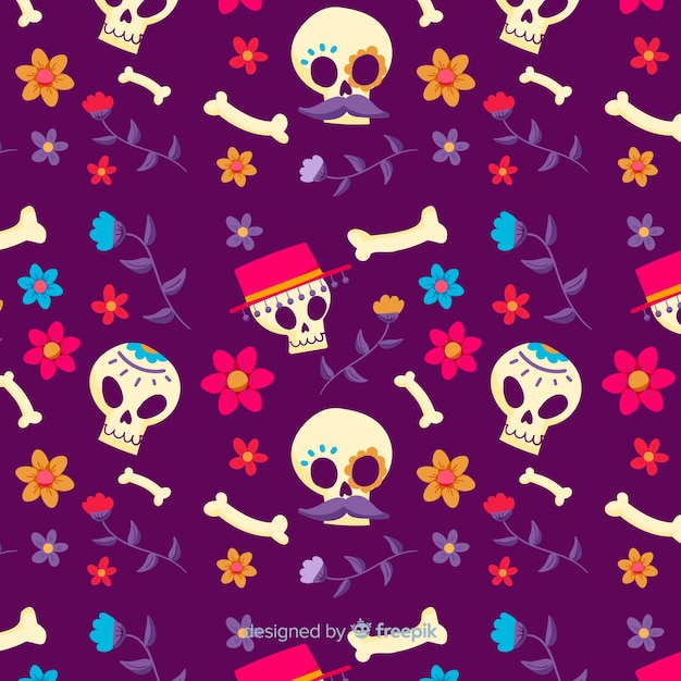 Vecteur gratuit dia de muertos seamless pattern in main dessinée