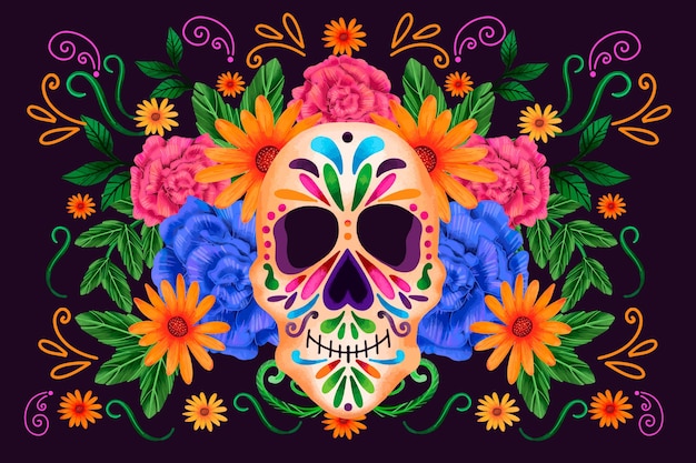 Dia de muertos vue de face du crâne avec fond de fleurs