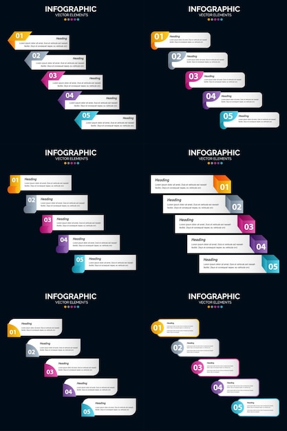 Vecteur gratuit diagrammes et chronologies de cycle en 5 étapes 6 modèle de diapositive vectorielle de présentation du pack d'infographies