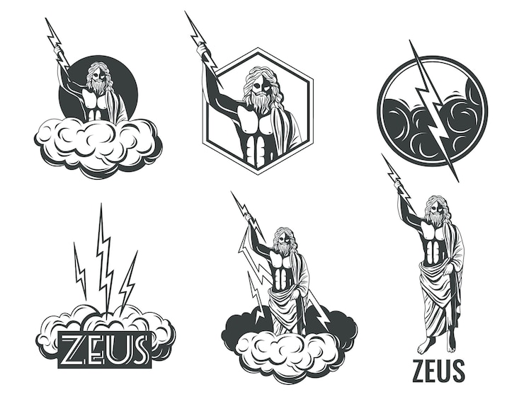 Vecteur gratuit dieu grec olympien zeus avec éclairs ensemble d'emblèmes noir et blanc isolé sur illustration vectorielle fond blanc