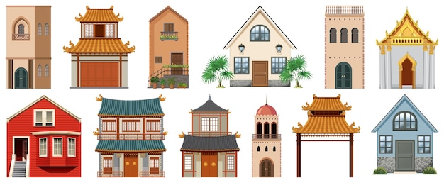Différentes conceptions de bâtiments sur fond blanc