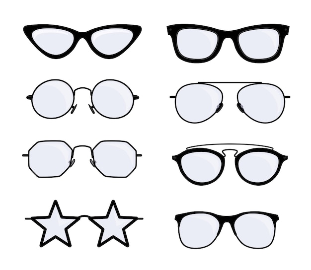 Différentes conceptions de lunettes ensemble d'illustrations vectorielles. Lunettes avec montures noires de différentes formes et styles : ancien, moderne, cool, hipster isolé sur fond blanc. Médecine, concept de mode