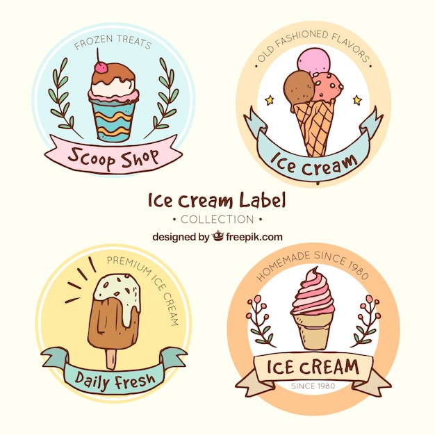 Différentes étiquettes de glaces rondes en style dessiné à la main