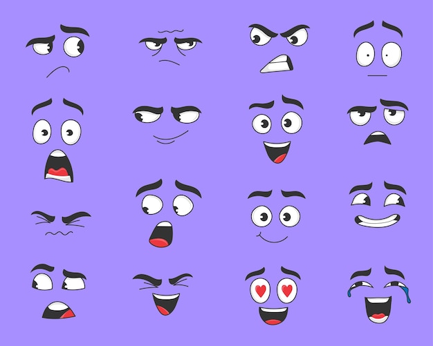 Différentes expressions de l'ensemble d'illustrations vectorielles de visage de dessin animé. Visages comiques mignons, drôles, en colère, heureux et souriants avec des yeux et une bouche isolés sur fond violet. Concept d'émotions pour la conception de personnages