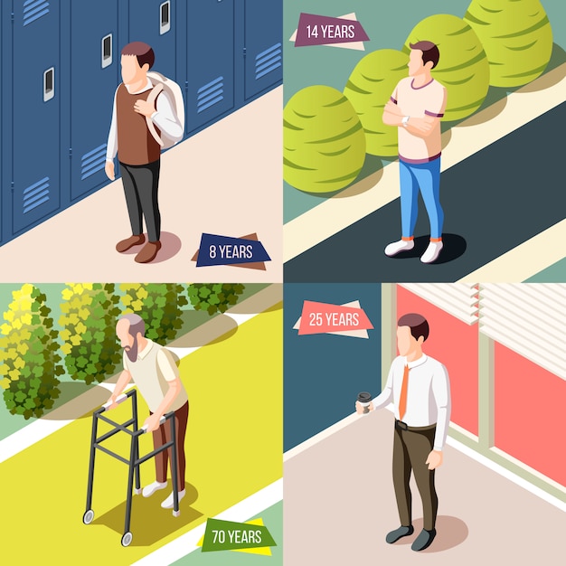 Différentes Générations De Concept De Design 2x2 Illustré Personnage Masculin Au Cours Des Différentes étapes De La Vie Illustration Isométrique