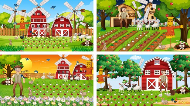 Différentes scènes de ferme avec un vieux fermier et un personnage de dessin animé animal