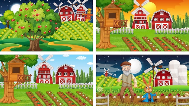 Vecteur gratuit différentes scènes de ferme avec un vieux fermier et un personnage de dessin animé animal