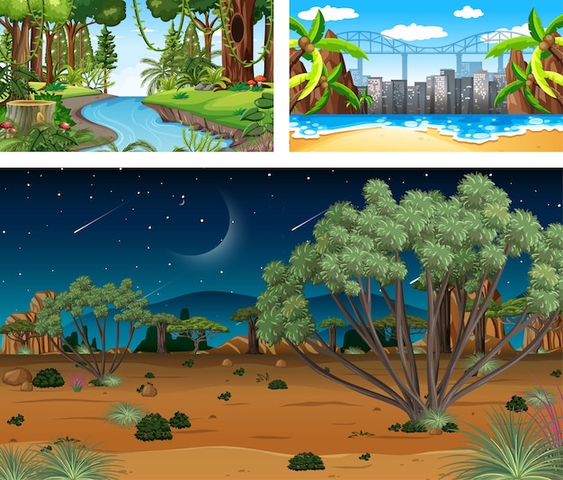 Différentes scènes horizontales de nature en style cartoon