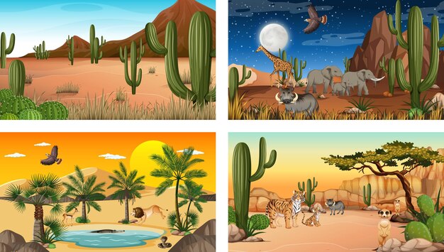Différentes scènes avec paysage forestier désertique avec animaux et plantes