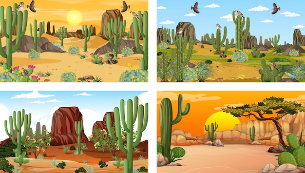 Vecteur gratuit différentes scènes de paysage de forêt désertique avec des animaux et des plantes