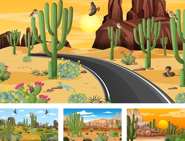 Différentes scènes de paysage de forêt désertique avec des animaux et des plantes
