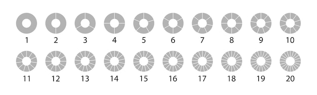 Différents camemberts graphiques ronds gris ensemble. Vector rond 20 section. Jeu de cercles segmentés isolé sur fond blanc.