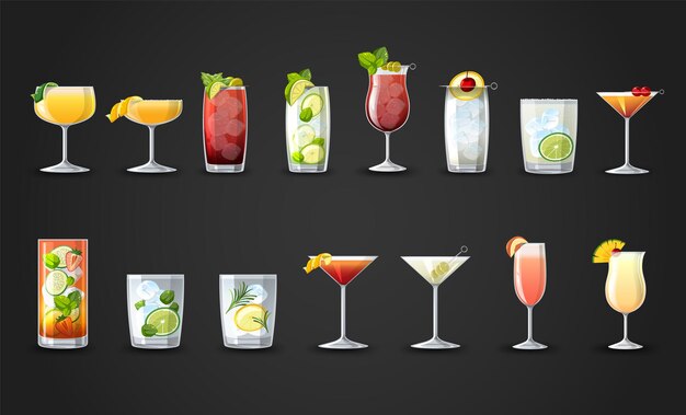 Différents cocktails dans le dessin animé de jeu de verres